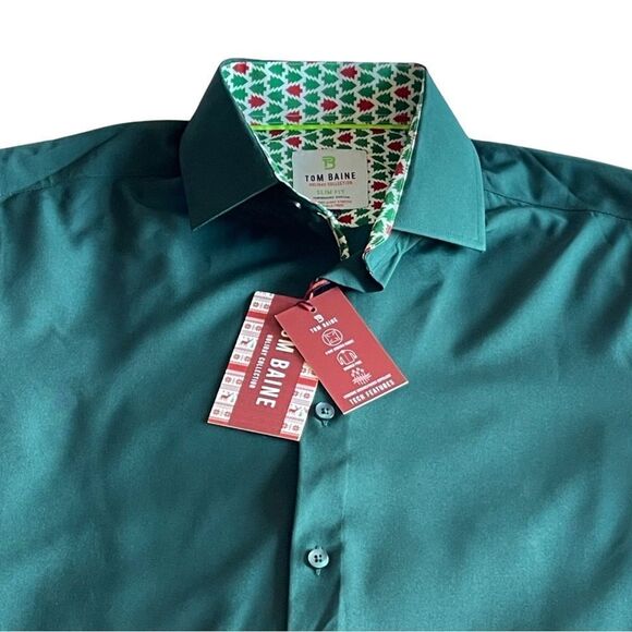 TOM BAINE Slim Fit Holiday Collection Button Down Dress Shirt Hunter Med NWT - Picture 4 of 16